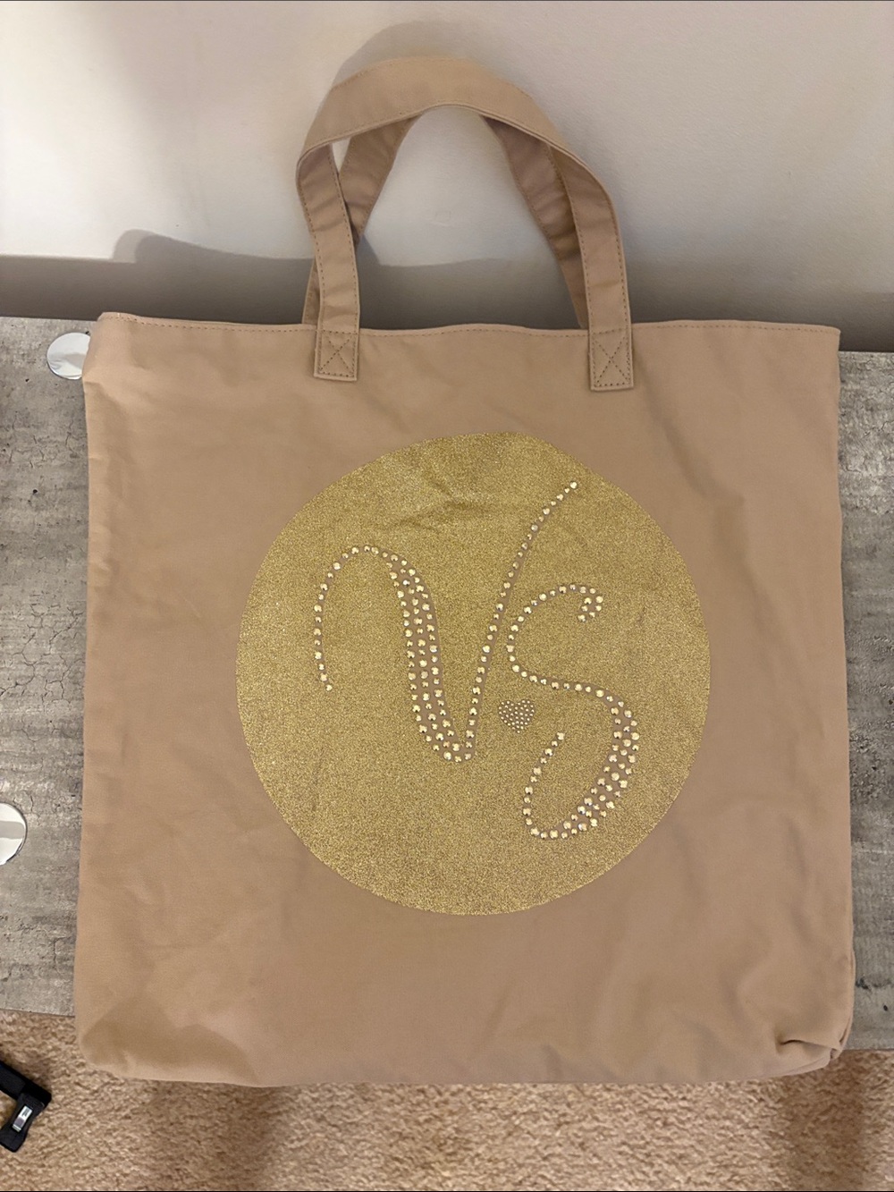 Victoria’s Secret Gold-Accent Beige Canvas Tote Bag